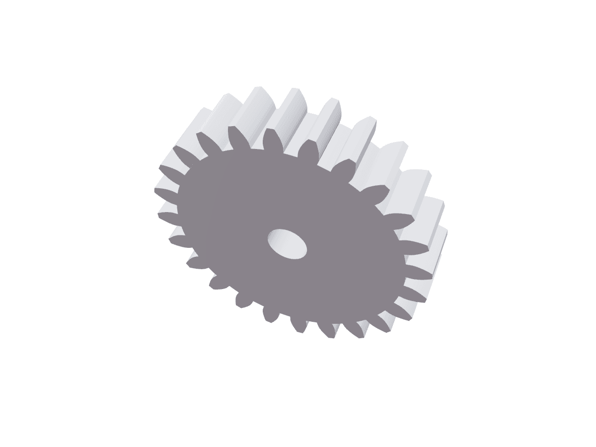 3D render of a 2:1 spur-gear reduction — the 24-tooth output gear, PETG.